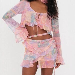 For Love & Lemons Pastel Floral Ruffle Crop Top and Skirt Set
